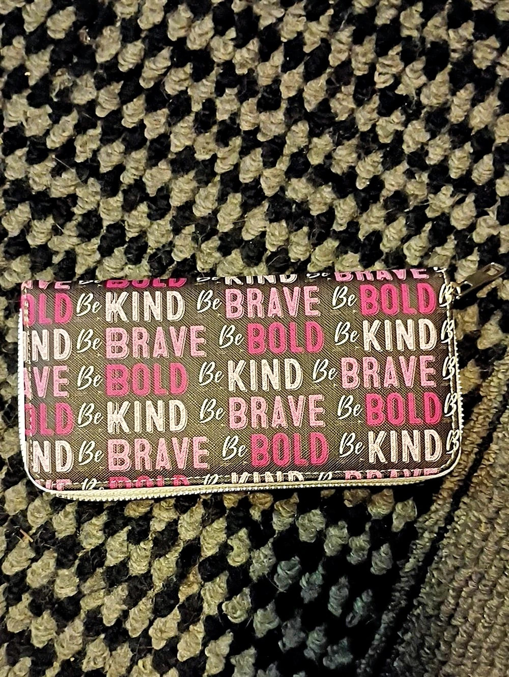 Printed Zip-Around Wallet in Black & Pink